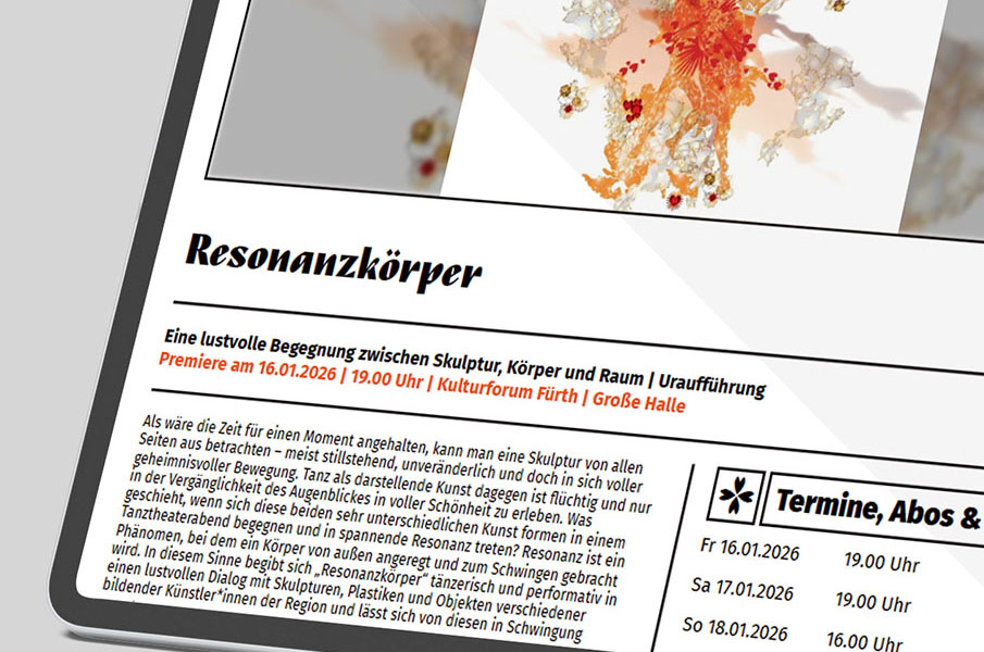 Stadttheater Fürth Produktion der Bürgerbühne Tanzperformance "Resonanzkörper" Ein Brückenschlag zwischen Kunst, Körper, Raum und Video Uraufführung: Fr 16. Januar 2026, 19.00 Uhr