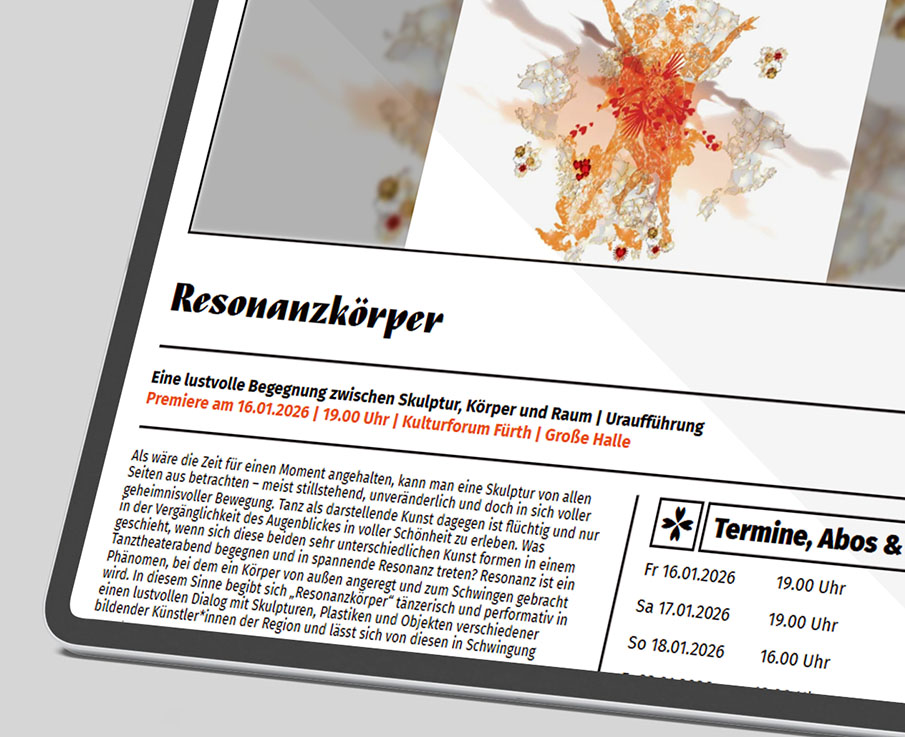 Stadttheater Fürth Produktion der Bürgerbühne Tanzperformance "Resonanzkörper" Ein Brückenschlag zwischen Kunst, Körper, Raum und Video Uraufführung: Fr 16. Januar 2026, 19.00 Uhr