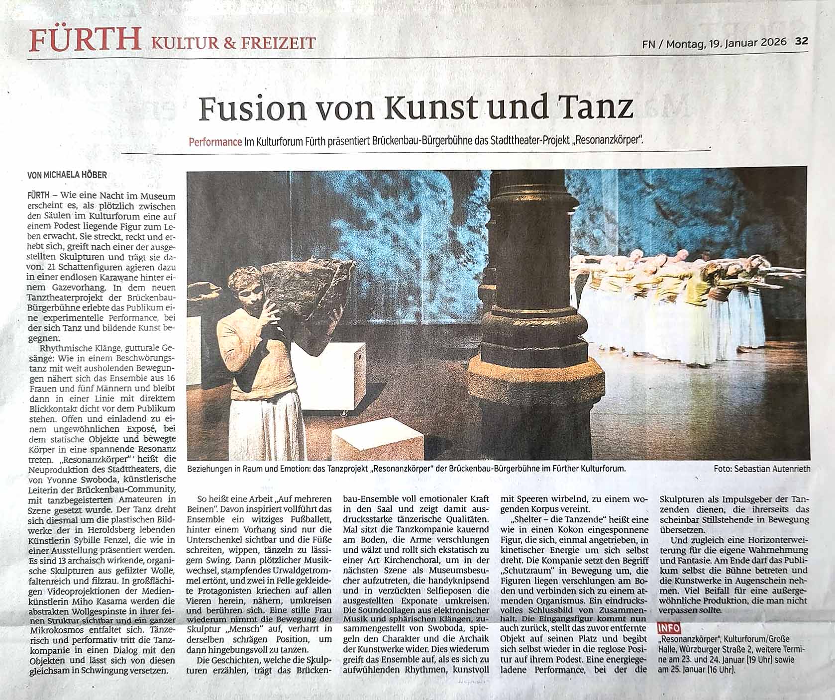 Fusion von Kunst und Tanz. Fürth Kultur und Freizeit. Fürther Nachrichten, 19. Januar 2026